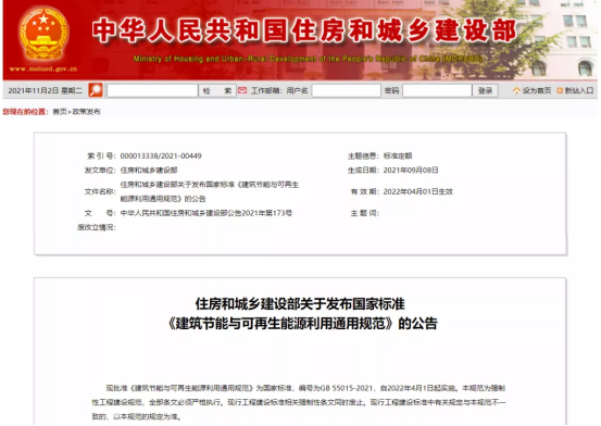 住建部：建筑碳排放計算作為強制要求，2022年4月1日起實施